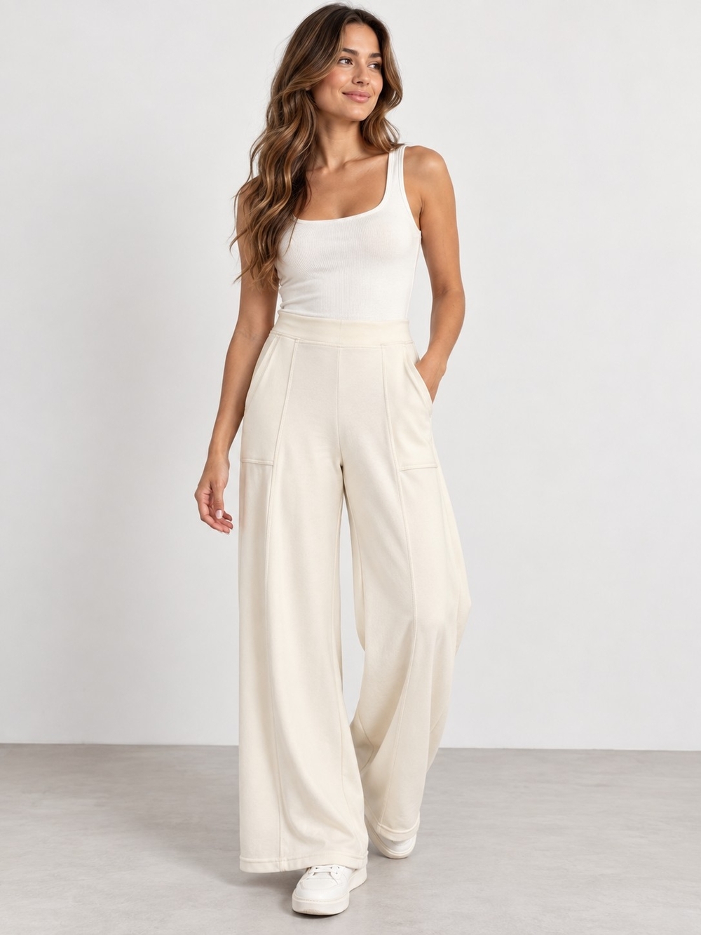 Max Studio Cream Wide-Leg Knit Pants with Pockets
